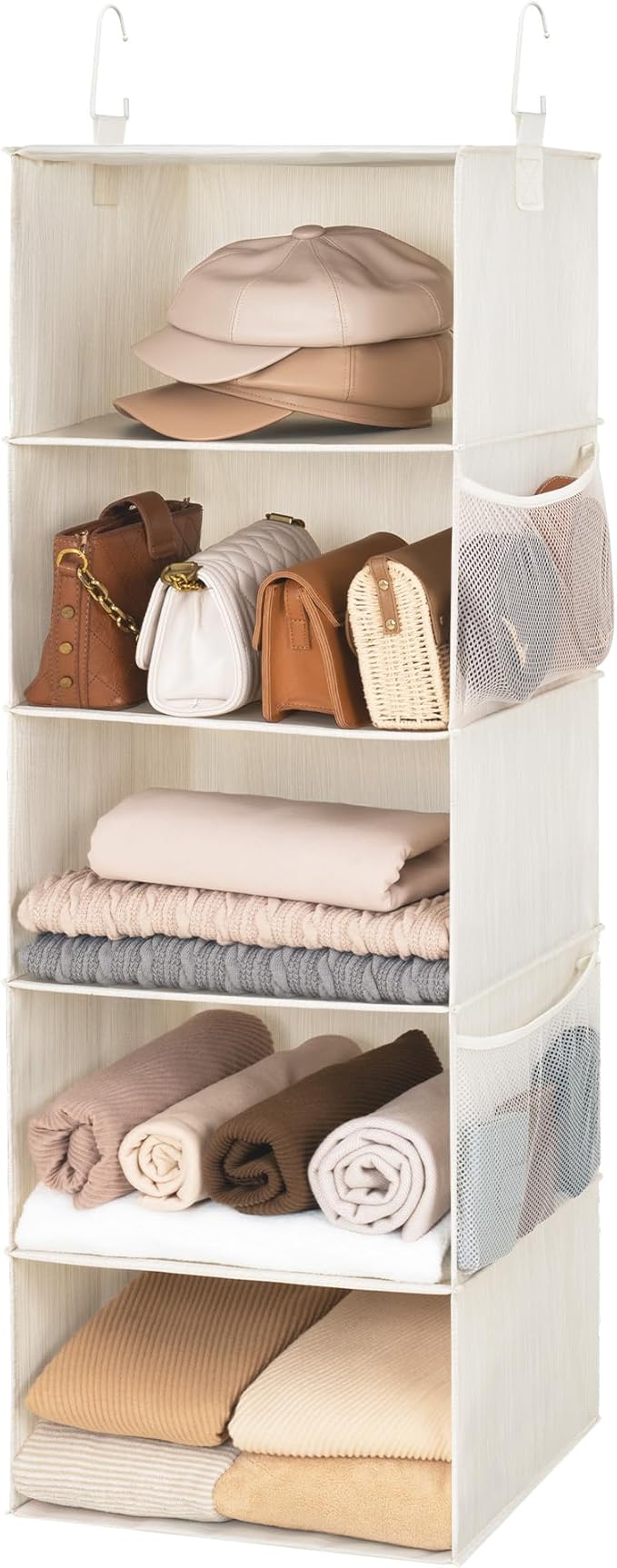 StorageWorks 5-Shelf Hanging Closet Organizers, Foldable Closet Storage Organizer with 2 Side Pockets, Portable Hanging Shelves for Clothes, Sweater, 13" D x 15" W x 47 ¾" H, White & Ivory