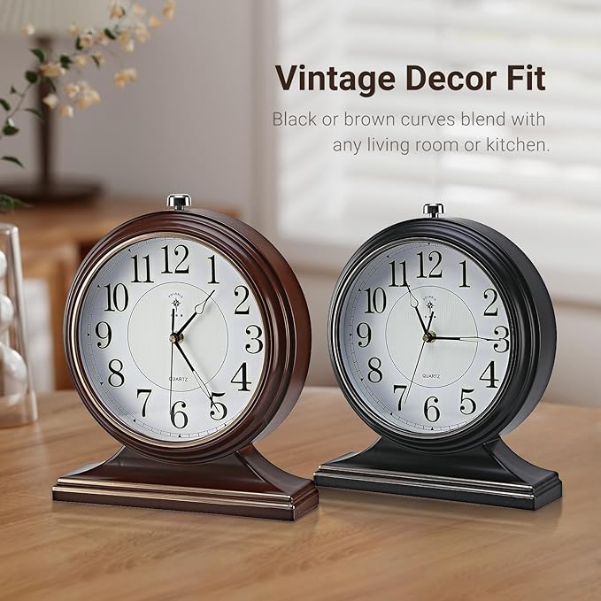 10-inch Vintage Mantel Desk Clock, Silent Desk Clock for Living Room Décor, Easy to Read Larege Retro Mantel Clocks for Fireplace and Shelf Decoration. (Brown)