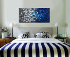 Textured Abstract Squares Canvas Wall Art Modern Dark Blue and Silver Oil Painting 100% Hand Painted 3D Effect Artwork Frame Ready to Hang Decor for Home and Office 40x20inch