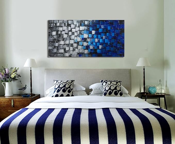 Textured Abstract Squares Canvas Wall Art Modern Dark Blue and Silver Oil Painting 100% Hand Painted 3D Effect Artwork Frame Ready to Hang Decor for Home and Office 40x20inch