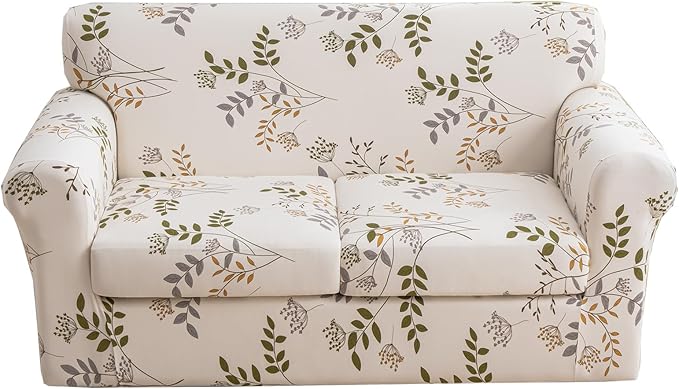 KRFOONN 3 Piece Printed Couch Cover for 2 Cushion Couch Stretch Sofa Loveseat Slipcover with 2 Separate Seat Cushion Covers Furniture Protector with Elastic Bottom for Living Room (Loveseat, 50)