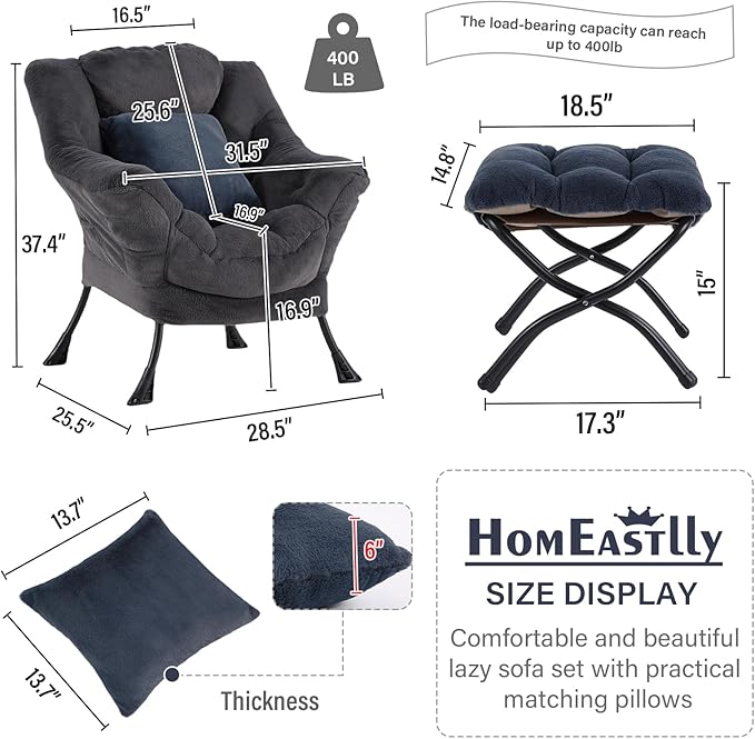 Lazy Chair with Ottoman, Large Blue Gray Lounge Accent Chair with Ottoman and FA Throw Pillow, Comfy Plush Reading Chair for Living Room Bedroom Dorm Room Office Apartment Relaxing Use