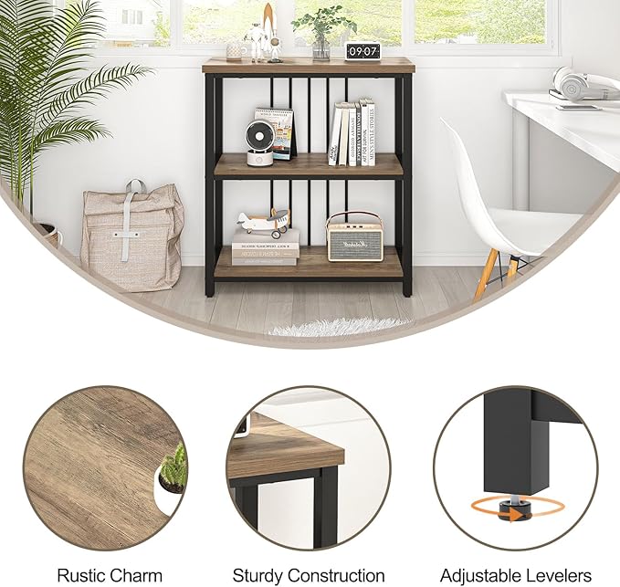 FOLUBAN Small Bookshelf and Bookcase, 3 Tier Open Book Shelf, Modern Metal and Wood Shelving Unit for Living Room Bedroom, Oak