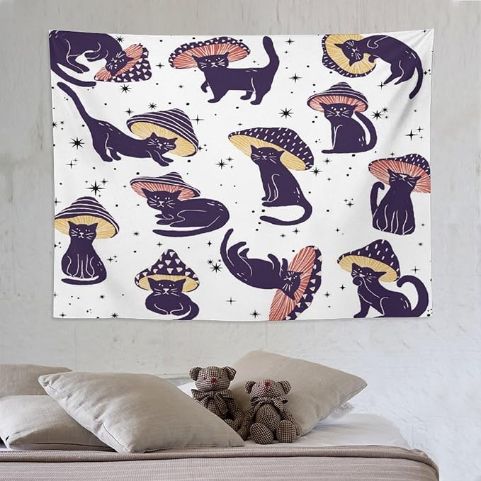 VUMIVI Funny Cat Mushroom Tapestry Retro 70s Hippie Style Cute Black Kitten Star Aesthetic Art Print Tapestry Wall Hanging for Living Room Bedroom Dorm Classroom Aesthetic Decor W80xL60in