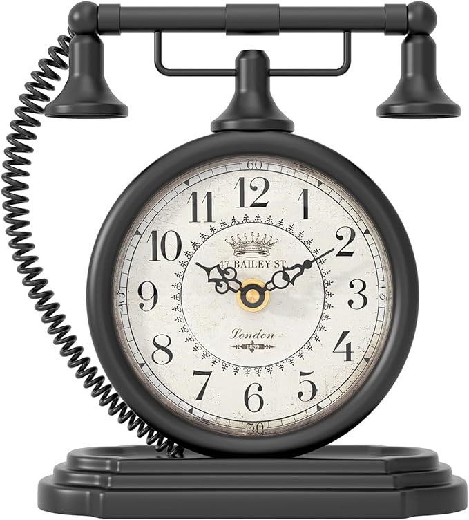 Vintage Table Clock, Desk and Shelf Decor Clock, Black Antique Telephone Style Mantel Clocks, for Living Room, Farmhouse, Bedroom, Bedside, Gift (7.3" H x 7.3" W)