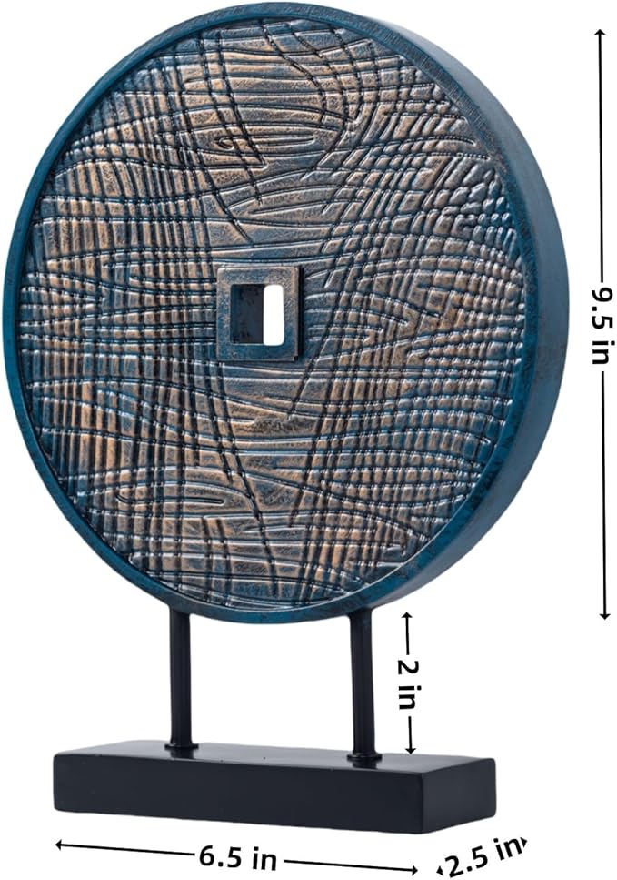 Unique Round Coin Sculpture Decorative Objects for Shelf Home Decor Accents, Modern Abstract Tabletop Decor Items for Living Room Fireplace Mantel, Above Cabinet (Blue)