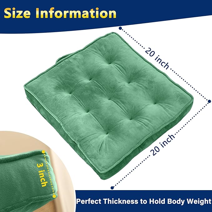 Floor Pillow Set of 4, Memory Foam Meditation Cushion, Floor Cushions for Adults Sitting, Large Square Seat Cushions for Yoga, Living Room, 20x20 Inch (Green)
