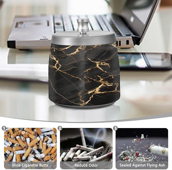 Black Gold Marble Textures Ashtray with Lid, Outdoor Ashtrays for Patio, Stainless Steel Ashtray Odorless Smokeless for Home Office Balcony