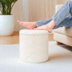 13" Foldable Boucle Round Storage Ottoman,Space-Saving Footrest/Seating/Coffee Table for Small Apartments,Dorms & Bedrooms-White