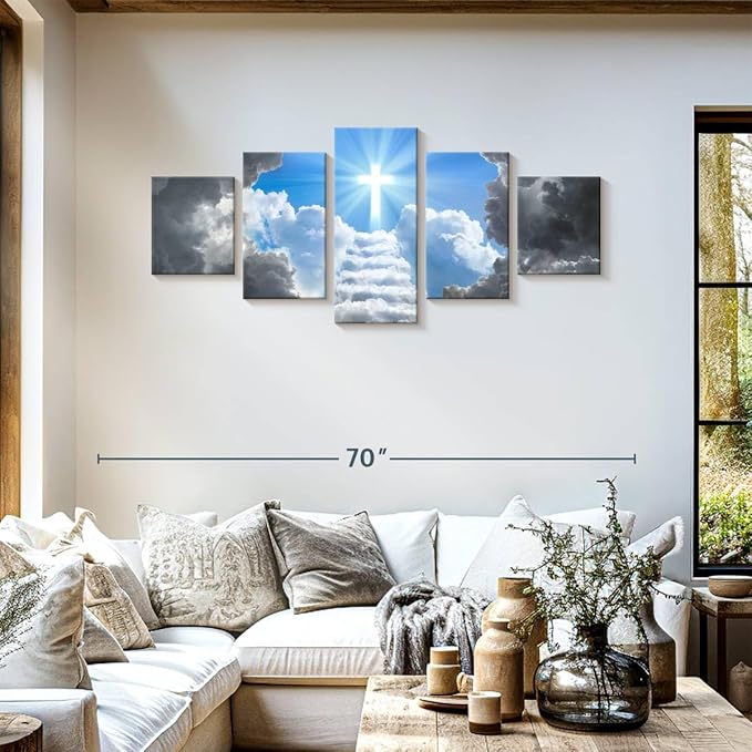 Elephant Stock Stairway To Jesus Christ Wall Art Multi Piece Canvas - 5 Panel Christian Pictures Decor - Digital Design Canvas Print - Christian Wall Decor - 55" X 24"