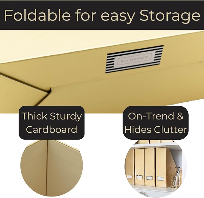 BLU MONACO | Gold Cardboard Magazine File Holder Set of 4 | Vertical Magazine File Holder for Shelves | Standing File Holder Desk Organizer