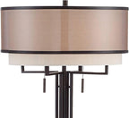 Franklin Iron Works Alamo Industrial Rustic Farmhouse Standing Floor Lamp 62" Tall Bronze Sheer Brown Organza Linen Fabric Double Drum Shades for Living Room Reading Bedroom Office House Home Decor
