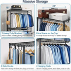 Heavy Duty Clothes Rack with Wheels, 43"W x 18"D x 81"H Rolling Garment Rack, 800 lb Capacity, 3-Tier Adjustable Shelves, Double Hanging Rods, 6 Hooks, Portable Closet Organizer, Tool-Free Assembly