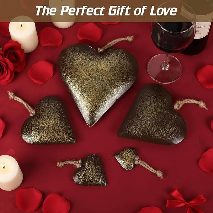 Frienda 8 Pcs Valentine's Day Metal Heart Indoor Outdoor Decorative Cow Bell Rustic Tibetan Inspired Meditation Wind Chime Bell with Jute Hanging Rope for DIY Craft Xmas Wall Decor(Bronze)