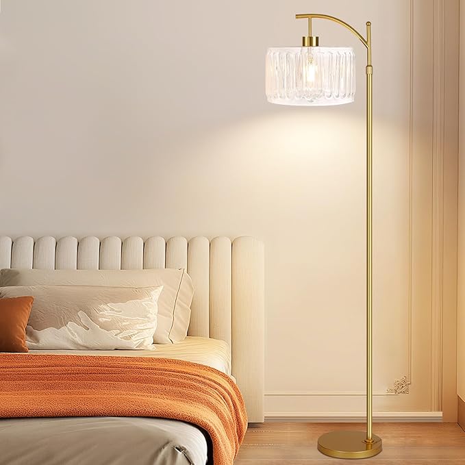 Glass Floor Lamp for Living Room,Bedroom,Gold Dimmable Standing Lamp with Remote,Brass White Tall Lamp Boho Mid Century Modern Floor Lamps Arc Floor Light Lamp Girls Kids Bohemian