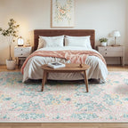 Lessymo 9x12 Washable Rug for Living Room, Soft Pink Area Rugs for Bedroom Dining Room Nursery, Boho Non Slip Forest Design Large Carpet Distressed Retro Indoor, Pink Green