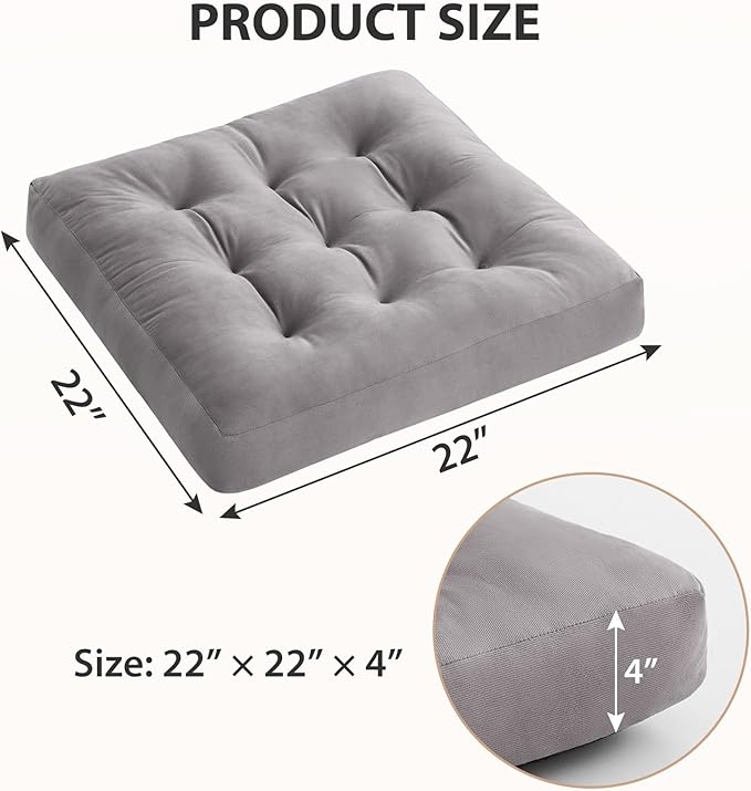 Meditation Floor Pillow Set of 6, Square Large Pillows Seating for Adults, Meditation Cushion Pillow,Tufted Corduroy Cushion for Tatami Living Room or Yoga, Light Gray, 22x22 Inch