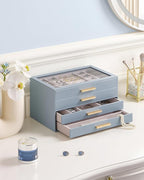 Lolalet Jewelry Box Organizer, 4-Layer Jewelry Organizers and Storage Case with Glass Lid, Ring Earring Bracelet Necklace Holder Organizer, Birthday Valentine Gifts for Women Girls -4Layer, HazeBlue