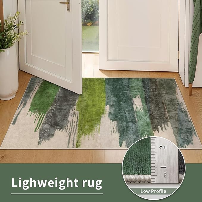 Ciicool Abstract Area Rug Indoor, 3x5 Washable Entryway Rug, Modern Soft Throw Entry Rug with Non-Slip Backing for Bedroom Living Room Entrance Kitchen, Low-Pile Floor Carpet Doormat Green