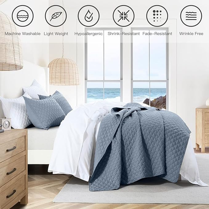HORIMOTE HOME Quilt Queen Size Dusty Blue, Lightweight Quilts for Summer Ultra-Soft Microfiber Modern Style Quilted Clouds Pattern Bedspread Quit Set 3 Pieces(1 Quilt and 2 Pillow Shams)