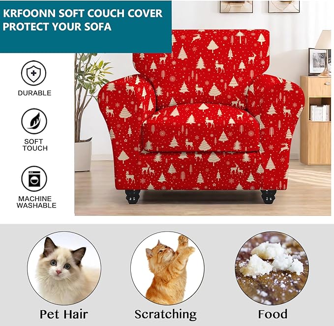 KRFOONN 2 Piece Chair Covers Printed Sofa Covers Couch Covers Washable Armchair Sofa Couch Slipcover Furniture Protector with Elastic Bottom for Living Room (Armchair, Christmas 01), Small