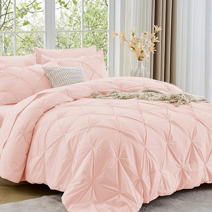 Sasttie King Size Comforter Set, 7-Piece Bed in a Bag, Pintuck Bedding Set for All Season, Includes Comforter, Flat Sheet, Fitted Sheet, Pillowcases and Pillowshams, Blush Pink