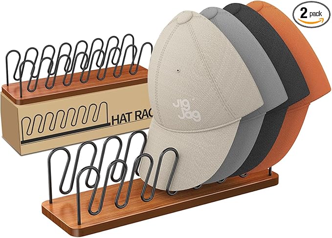 Hat Organizer for Baseball Caps 2 Pack, Premium Wood and Metal Design Hat Storage for Baseball Caps for 14Caps, Tabletop Hat Racks for Closet, Dresser, Entrance (2PCS, Walnut Color)