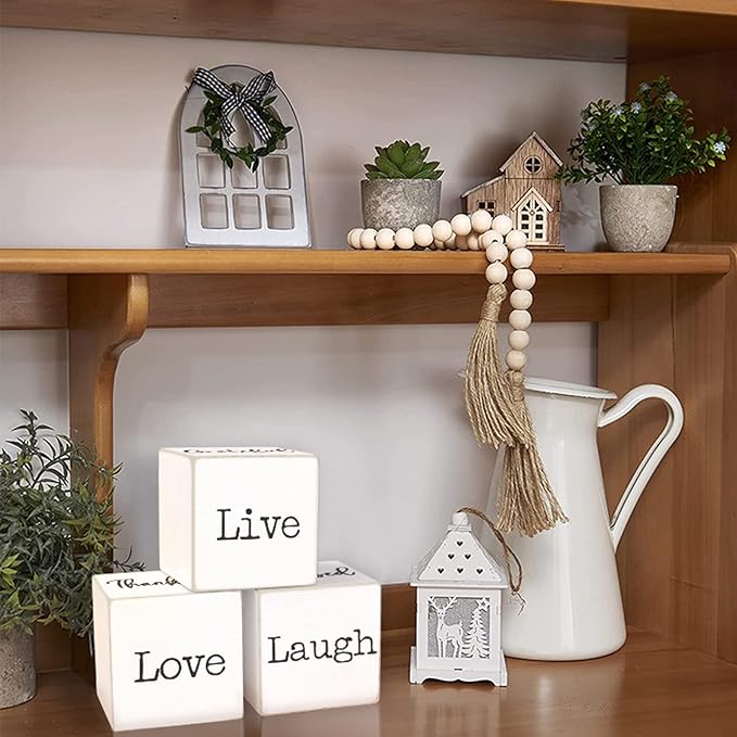 Rustic Home Decor - 4-Sided Wooden Blocks, Home Sweet Home&Thankful Grateful Blessed&Family Believe Faith&Love Live Laugh Sign, Modern Farmhouse Decorations for Shelf Tiered Tray Entryway Coffee Table