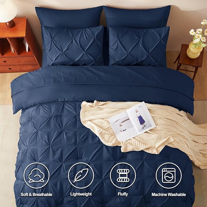 CozyLux King Size Comforter Set Navy Blue, Pintuck Bed in A Bag 7 Pieces, Pinch Pleat Bedding Sets with All Season Comforter, Pillow Sham, Flat Sheet, Fitted Sheet and Pillowcase, Navy Blue, King