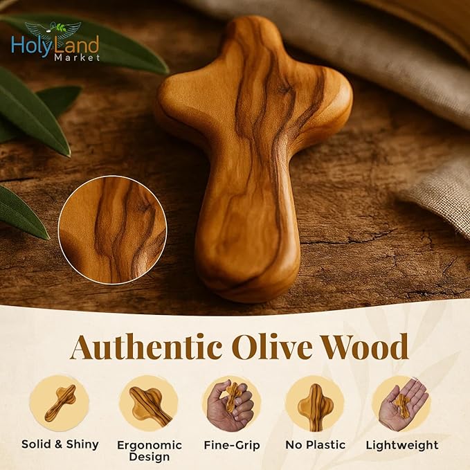 Holy Land Market 3 Olive Wood Crosses From the Holy Land - 2.5 Inch Pocket Palm Crucifix | Handmade Jerusalem, Bethlehem Israel - Gifts by Christians with Certificates -Holy Land Olive Wood Cross x3