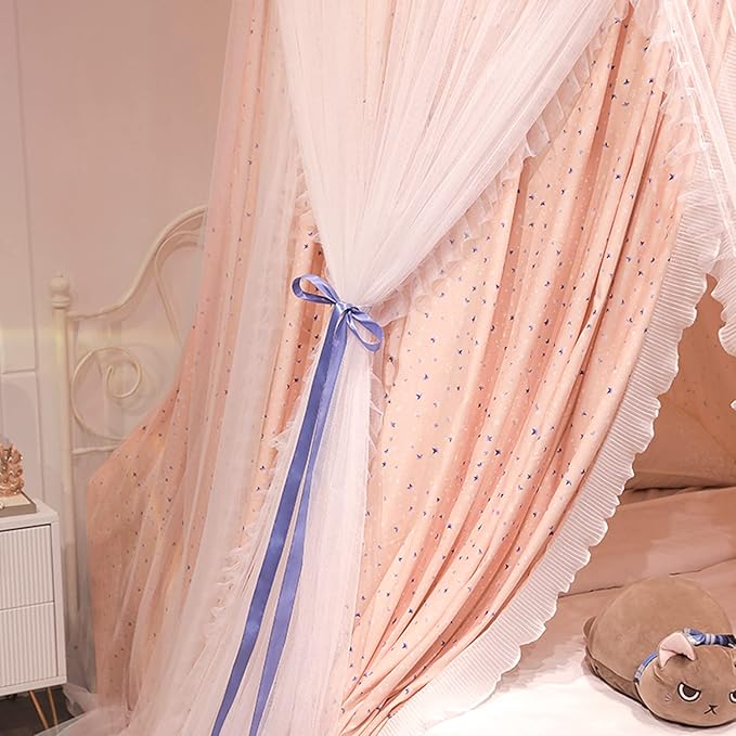 Kertnic Luxurious Bed Canopy for Girls & Adults, Large Elegant Double Layer Bed Curtain Canopy Drapes, Round Dome Lace Princess Canopies Netting (Star)