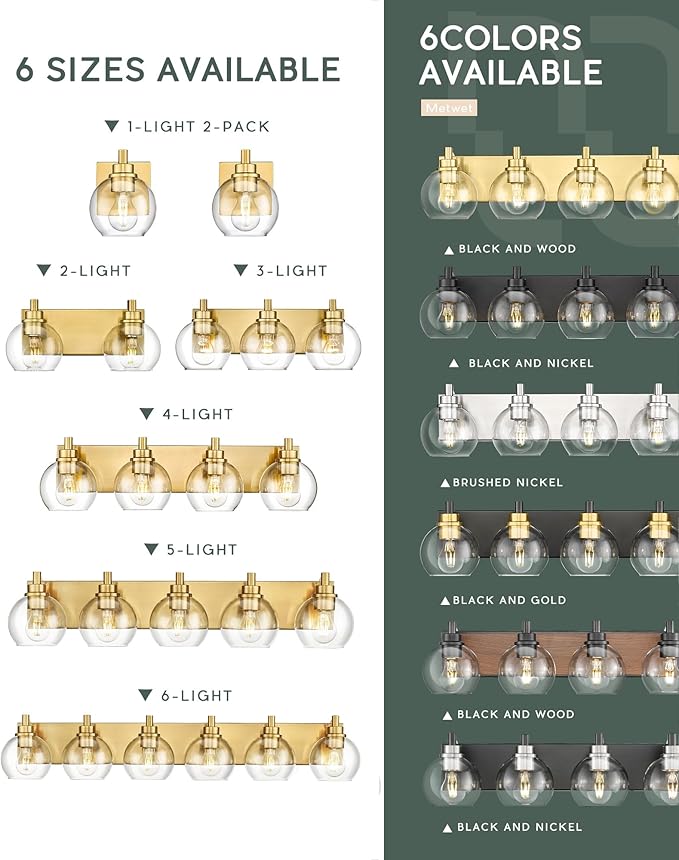 Wall Sconces Set of 2, 1-Light Brushed Gold Sconces Wall Lighting with Globe Clear Glass Shade, Modern Bathroom Vanity Light Fixtures for Mirror Bedroom Living Room, VL195-BG-CL-1-2PK