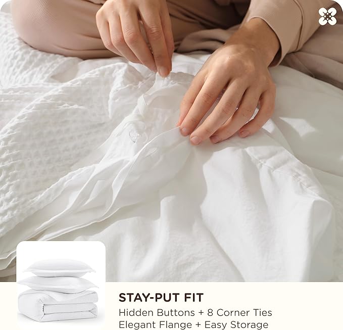 Bedsure Cotton Duvet Cover Set - 100% Cotton Waffle Weave Coconut White Duvet Cover Oversized Queen Size, GentleSoft™ and Breathable Bedding Set for All Season, 3 Pieces, 98"x98"