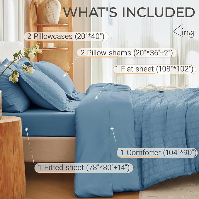 MUXHOMO 7 Pieces King Comforter Set, Seersucker Bed in a Bag King Size, All Season Luxury Bedding Set with Comforter, Flat Sheet, Fitted Sheet, Pillowcases & Shams, Mineral Blue