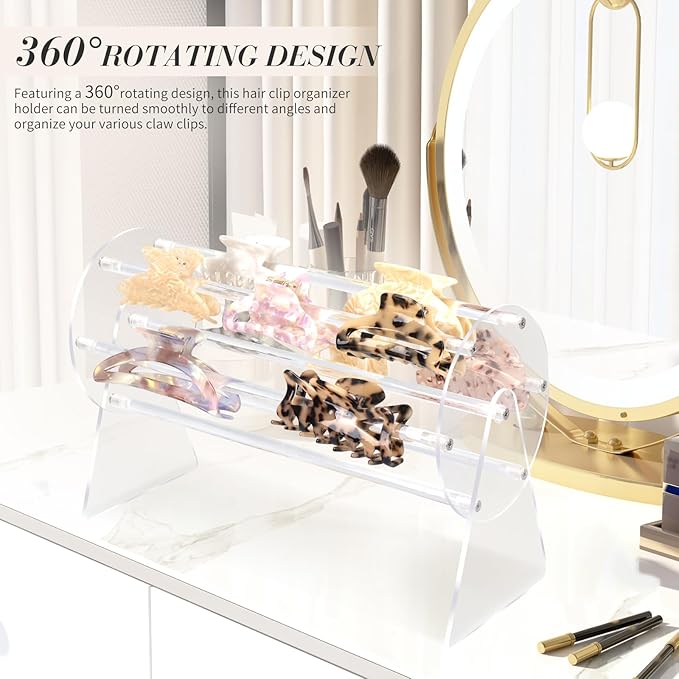SNOWSTAR 2PCS Acrylic Claw Clip Organizer Holder,360-Degree Rotating Claw Clip Holder and Storage,Hair Clip Organizer Display Clear Stand for Women and Girls