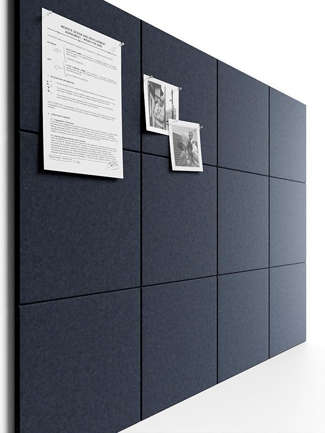 Bumusty Large Cork Board 48" x 36" Alternative - 12 Pack Felt Wall Tiles with 70 Safe Removable Adhesive Tabs, 30 Pushpins, Cork Boards for Walls Bulletin Board Office Decor (Deep Charcoal Blue)