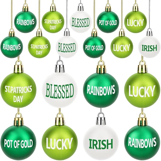 JULMELON 24 Pcs St. Patrick's Day Ornaments, 1.6 inches Shatterproof Shamrock Balls with Irish Blessings, Green White Plastic Tree Decorations for St. Patrick's Day Party, Festival