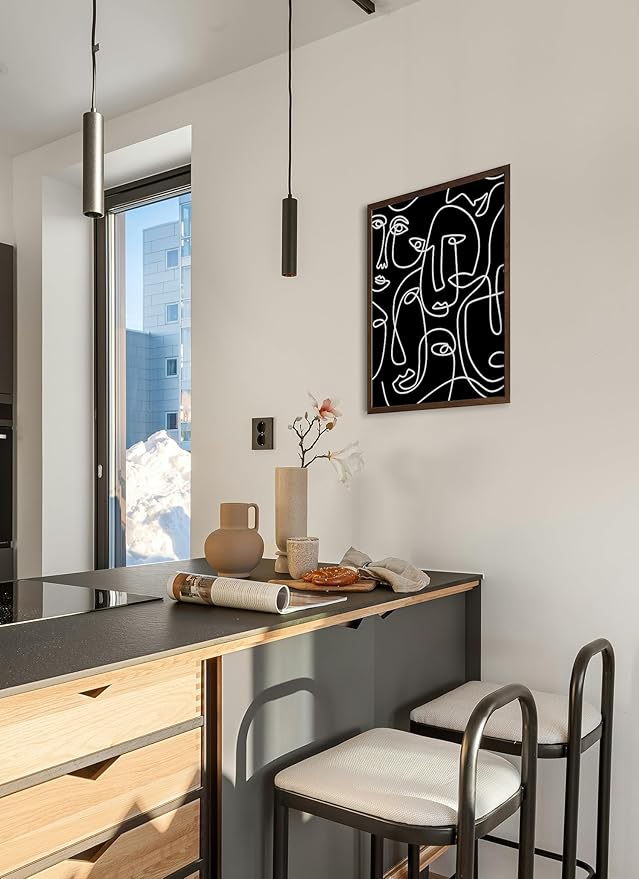 Abstract Face Pattern Wall Art Black Background White Continuous Line Drawing 11x14 Inch Oak Wood Walnut Framed Modern Diverse Portrait for Living Room Decor