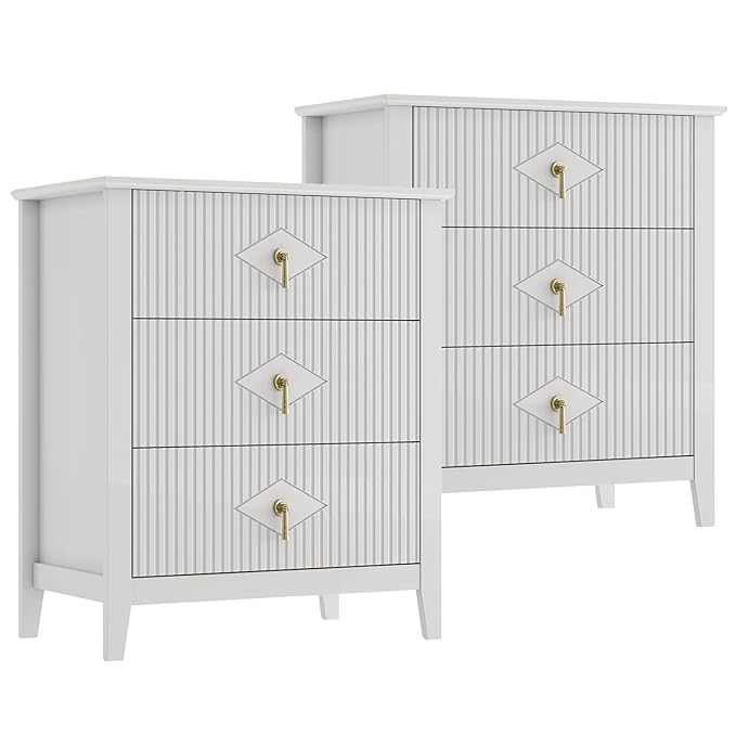 GarveeHome 2Pcs Wood Nightstand Fluted Dresser for Bedroom, 27.5" Wide 3-Drawer Bedside Tables, Modern Chest of Drawers, Storage End Table Living Room, Hallway, Entryway, White