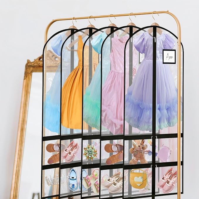 14 Pcs Garment Bags for Dance Costumes Clear PVC with Zippers 24 x 50 Inch Suits Bag with Pockets Dance Costume Organizer Carrier for Storage Cover for Adult (Fully Transparent Black,Classic)