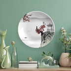 Decorative Plates, Asian Decor Print Ornament, River Scenery with Cherry Blossoms and Boat Mystical, 8 Inch, Kitchen Wall Decor, Grey Red