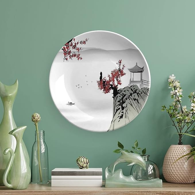 Ceramic Plates, Asian Decor Decorative Ceramic Plates, River Scenery with Cherry Blossoms and Boat Mystical, 6 Inch, for Dining, Parties, Wedding, Grey Red