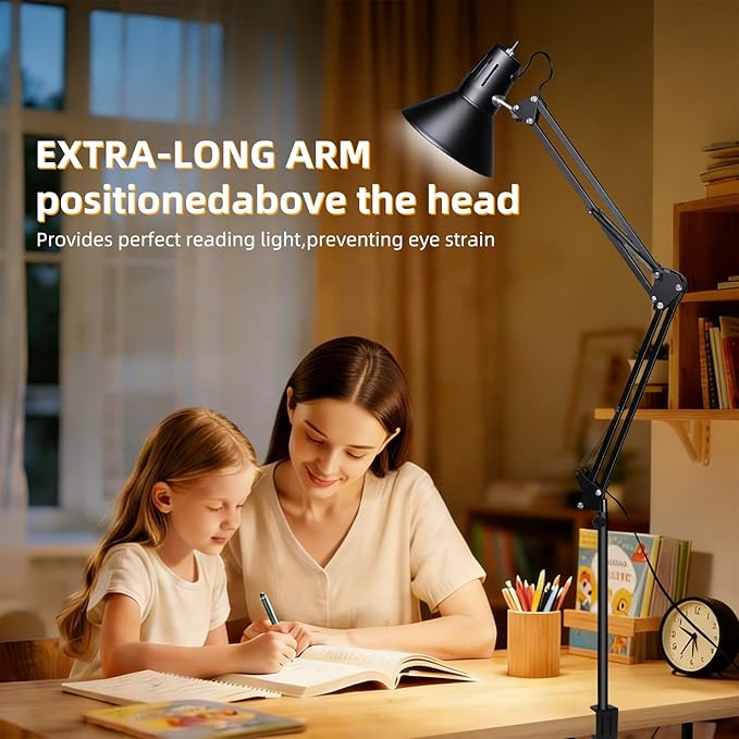 LED Desk Lamp With Clamp for Home Office, Eye-Caring Clip on Light with Adjustable Extra Tall Metal Swing Arm, High Intensity Clamp w/A19 E26 Bulb for Working Reading, 3000k Table Lamps Warm Light