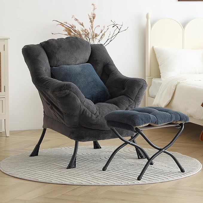 Lazy Chair with Ottoman, Large Blue Gray Lounge Accent Chair with Ottoman and FA Throw Pillow, Comfy Plush Reading Chair for Living Room Bedroom Dorm Room Office Apartment Relaxing Use