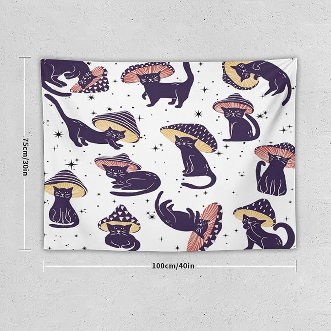VUMIVI Funny Cat Mushroom Tapestry Retro 70s Hippie Style Cute Black Kitten Star Aesthetic Art Print Tapestry Wall Hanging for Living Room Bedroom Dorm Classroom Aesthetic Decor W40xL30in