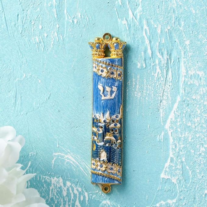 Matashi Hand Painted Mezuzah Gold Plated and Crystals (Blue Enamel Mezuzah Jerusalem City)