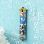 Matashi Hand Painted Mezuzah Gold Plated and Crystals (Blue Enamel Mezuzah Jerusalem City)