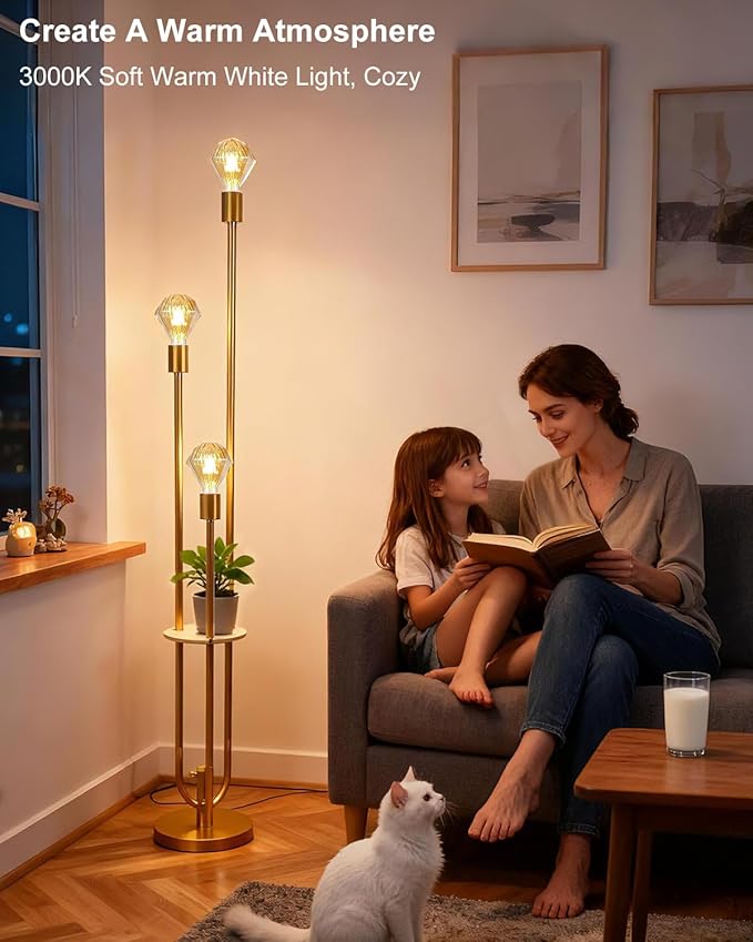 Lightdot Gold Floor Lamp for Living Room, Dimmable Vintage Floor Lamp with Shelf & E26 Base Bulbs, 3 Light Mid Century Standing Lamp, Tall Lamp for Bedroom/Sofa Beside/Corner Decor(Bulbs Included)