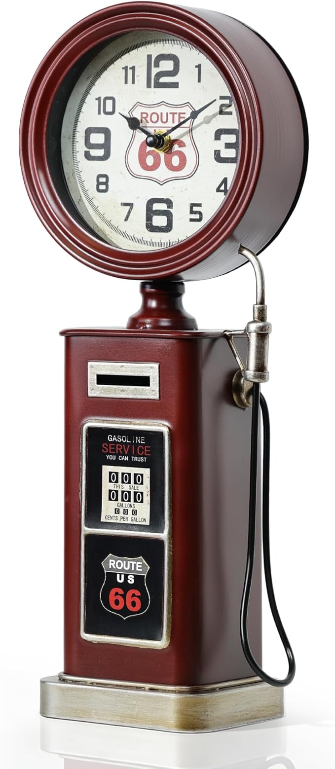 AYRELY® 16" Vintage Industrial Gas Pump Mantel Clock, Battery Operated Metal Clock Route 66 Decor,Retro Mechanical Decorative Clock Gifts for Home,Living Room,Fireplace, Man Cave Decor