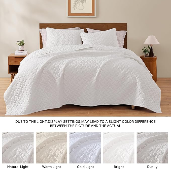 WRENSONGE Queen Quilt-3 Pieces Weave White Bedspreads Queen Size Quilt Bedding Set for All Seasons,Soft Summer Coverlet with 2 Pillow Shams Suitable for Bed, Couch, Quilted Blanket